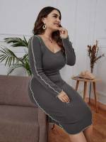 Scoop Neck Plain Midi Long Sleeve Plus Size Knitwear 748