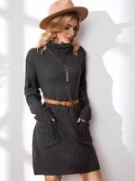 Regular Fit Long Sleeve Pocket Short Women Sweater Dresses 520