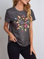 Floral Casual Regular Round Neck Women Tops, Blouses  Tee 253