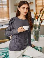 Slim Fit Ruched Round Neck Plain Women T-Shirts 946