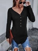 Long Long Sleeve Dark Grey Women T-Shirts 5602