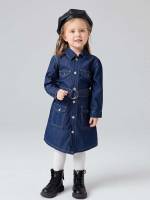 Long Sleeve Casual Plain Dark Wash Toddler Girls Denim 1427