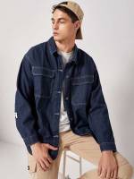 Dark Wash Collar Letter Long Sleeve Men Denim 5144