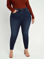 Skinny Plain Button Dark Wash Plus Size Denim 535