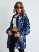  Collar Plain Ripped Women Denim Jackets  Coats 8295