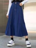  Button Plain Women Denim Skirts 245