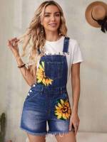 Floral Preppy Pocket Straps Women Denim Overalls  Jumpsuits 7430