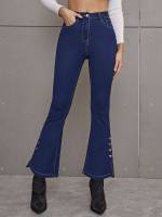 Button Plain Regular Fit Dark Wash Women Denim 3166