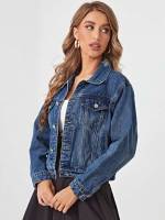 Plain Collar Regular Fit Regular Women Denim Jackets  Coats 7474