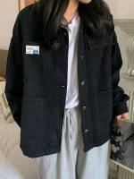 Letter Long Sleeve Dark Wash Casual Women Denim Jackets  Coats 7172