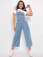 Preppy Plain Sleeveless Regular Fit Women Denim Overalls  Jumpsuits 2274