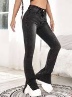 Button Plain Regular Fit Women Jeans 9137