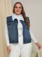 Regular Sleeveless Plain Collar Plus Size Denim 4425