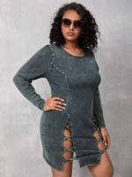 Fake Buttons Dark Wash Round Neck Plus Size Denim 5891