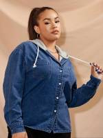 Drawstring Dark Wash Hooded Plus Size Denim Jackets 7379