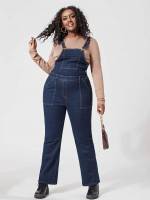  Preppy Plain Sleeveless Plus Size Denim Overalls 5950