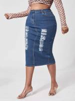  Dark Wash Plain Pocket Plus Size Denim Skirts 4693