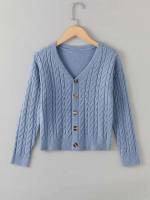 V neck Dusty Blue Long Sleeve Plain Girls Knitwear 9833