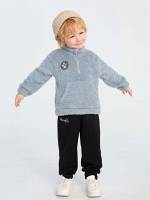 Long Sleeve Dusty Blue Stand Collar Patched Kids Clothing 558