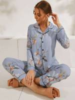  Pocket Floral Lapel Women Sleepwear 522