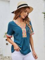 Tribal Regular V neck Short Sleeve Women Clothing 4017