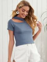 Short Sleeve Asymmetrical Neck Plain Crop Women Clothing 619