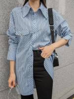  Striped Long Collar Women Blouses 565