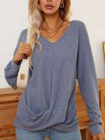 Twist Regular Plain Long Sleeve Women T-Shirts 7337