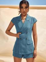 Dusty Blue Plain Lapel Double Button Women Suit Sets 1960