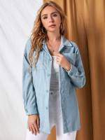  Pocket Dusty Blue Casual Women Coats 938