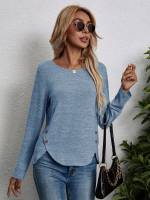 Dusty Blue Casual Fake Buttons Long Sleeve Women T-Shirts 7182