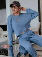 Regular Fit Dusty Blue Long Sleeve Plain Women Co-ords 5331