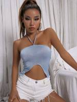 Slim Fit Crop Dusty Blue Plain Women Tank Tops  Camis 196