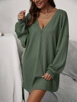 Long Sleeve Casual Deep V Neck Plain Women Sleep  Lounge 8321