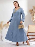 Appliques Modest V neck Long Sleeve Plus Size Dresses 5405