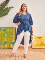  Plain Casual Belted Plus Size Blouses 8507