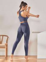 Dusty Blue Plain Scoop Neck Women Activewear 9926