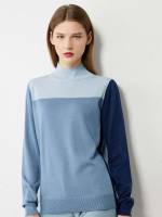 Long Sleeve Regular Colorblock Stand Collar Women Sweaters 1503