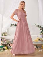 Plain Dusty Pink Round Neck Short Sleeve Bridesmaid Dresses 6432