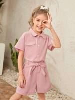 Short Dusty Pink Plain Short Sleeve Girls Jumpsuits 9607