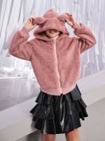 Hooded Dusty Pink Cute Plain Girls Outerwear 553