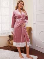  Dusty Pink Elegant Belted Maternity Loungewear 4328