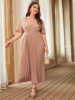  Lapel Pleated Dusty Pink Plus Size Dresses 7873