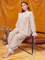 Dusty Pink Floral Bow Round Neck Women Plus Sleep  Lounge 9895