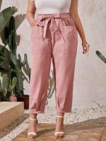  Plain Belted Plus Size Pants 6097