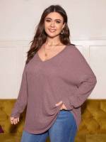 V neck Long Sleeve Plain Dusty Pink Plus Size Tops 8372