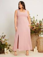 Split Thigh Regular Fit Glamorous Plain Plus Size Wedding Party Wear 6822