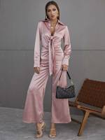 Long Sleeve Dusty Pink Collar Elegant Women Jumpsuits 9821