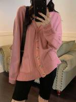  Dusty Pink Striped Preppy Women Cardigans 405