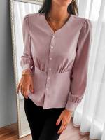  V neck Button Front Long Sleeve Women Clothing 5481